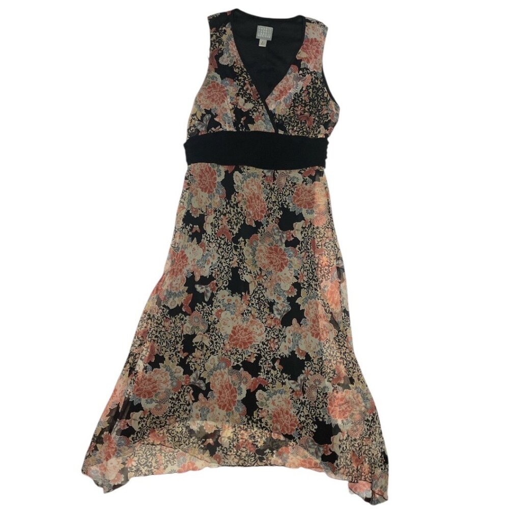 Vintage Dark Floral Babydoll Sleeveless V-Neck Midi Y2K Fairy Grunge Sz 6